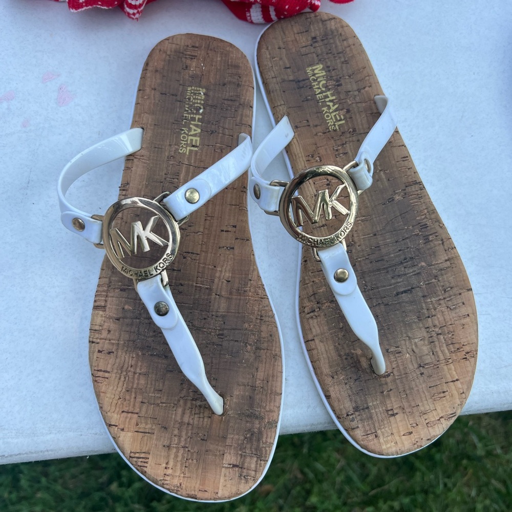 Michael Kors White and Gold Thong Sandals